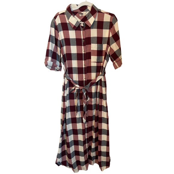 Faherty Dresses & Skirts - Faherty Size L Burgundy Plaid Flannel Button Down Belted Midi Shirt Dress